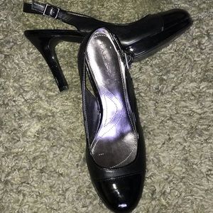Black, patent leather toe, slingback heels